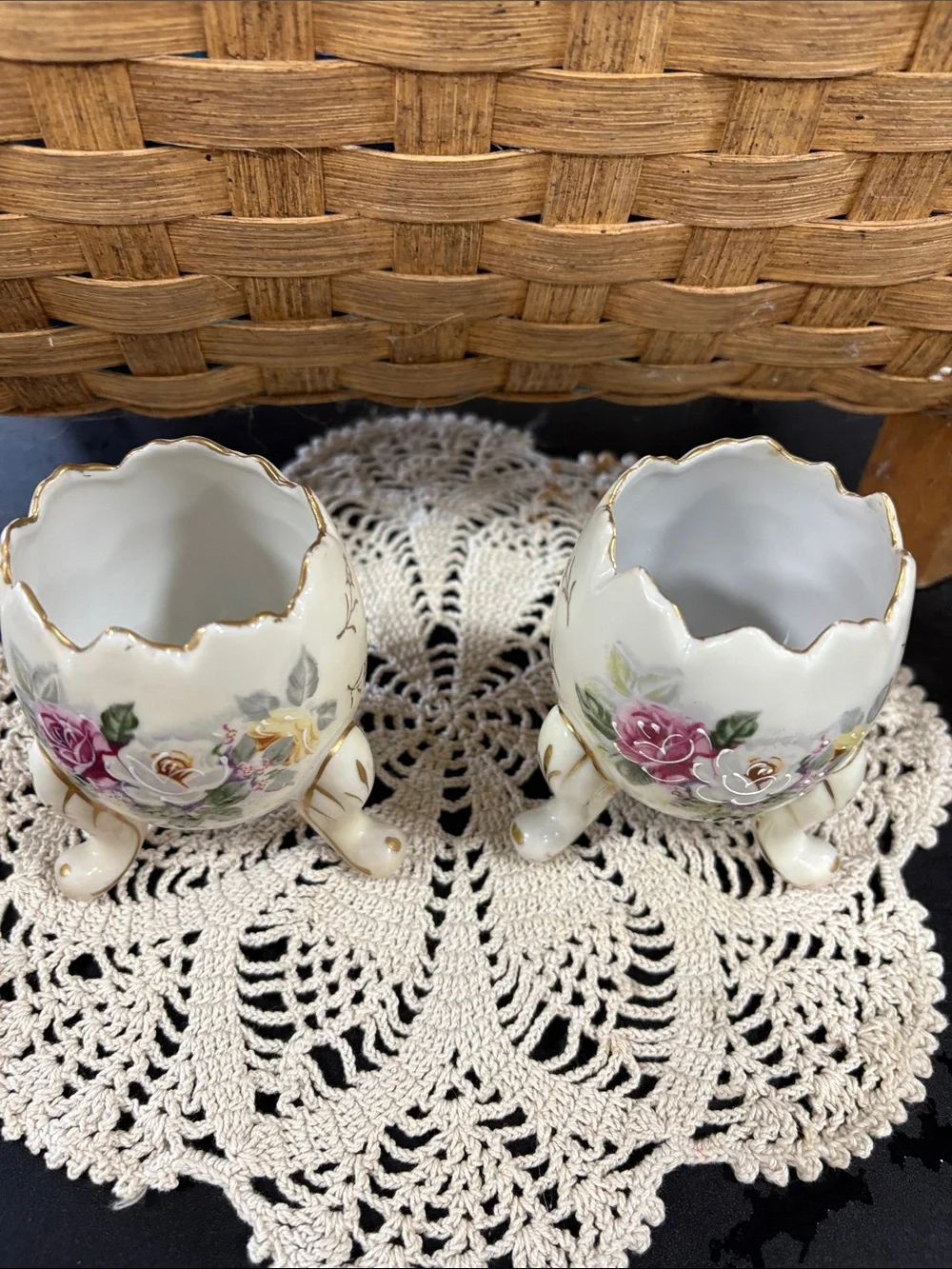vintage 1960s Inarco porcelain egg-shaped vases with hand-painted floral designs